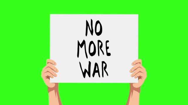4k green screen animation of hands holding no more war protest sign rising from bottom