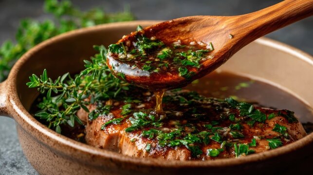 This alluring image features a succulent steak topped with fresh herbs and a rich sauce, showcasing a chef's culinary skills and the art of gourmet dining.