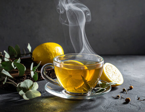 Immune boosting hot lemon and herb drink for cold and flu prevention in winter season