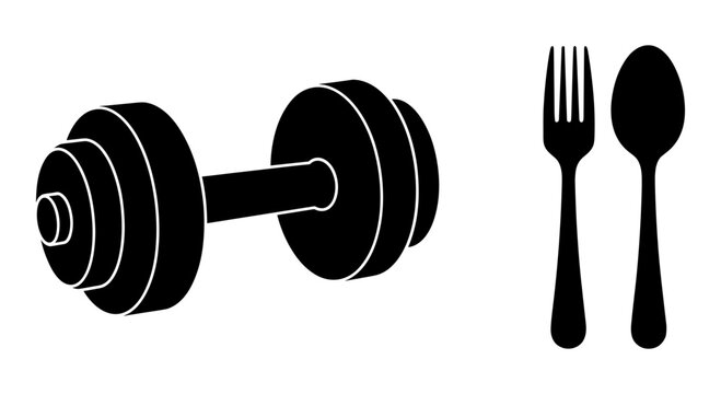 Fitness, gym, eating utensils, black icons, vector, dumbbell, fork, spoon