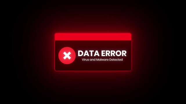 4k seamless loop digital data error message with malware alert and glowing neon warning box