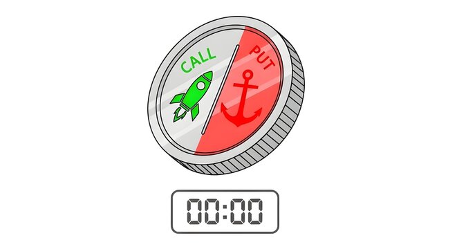 Decision making concept showing coin with call and put options represented by rocket and anchor symbols highlighting market speculation risk with digital timer countdown for binary option trading.