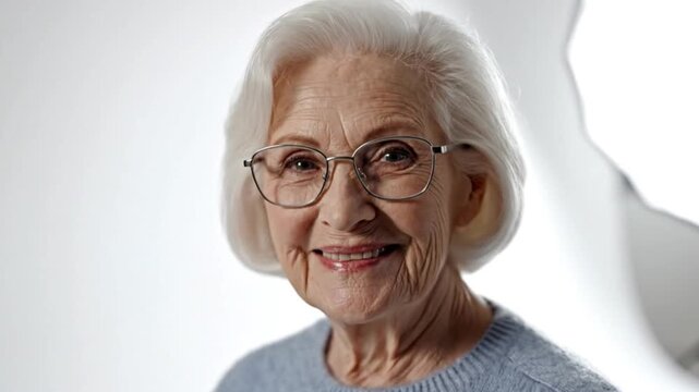 A smiling senior woman with glasses looking directly at the camera in a video portrait.