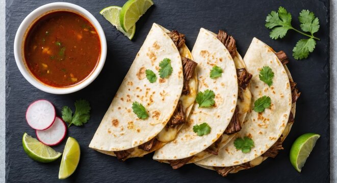 Quesabirria tacos with consomme broth flat lay on slate