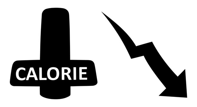 Black calorie decrease icon, weight loss symbol, diet vector, calorie down sign