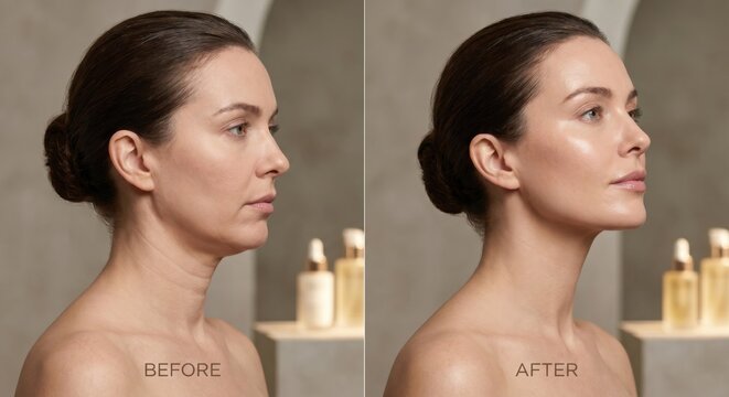 Skincare before and after comparison of neck and jawline