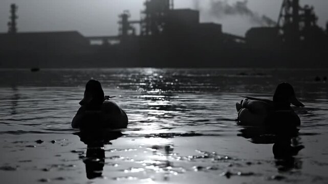 Black and white still shot of two ducks swimming in a body of water in front of a hazy industrial landscape