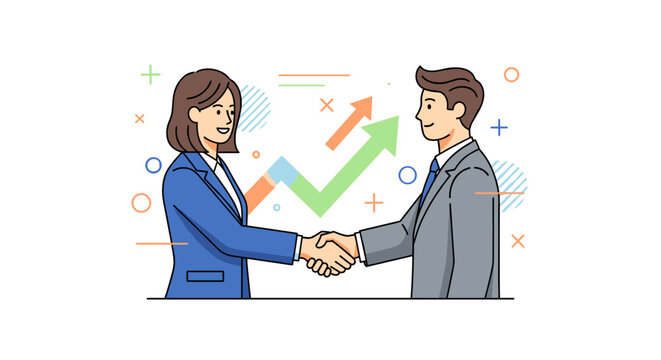 Business partners seal a deal with a handshake, illustrated in a clean, modern vector style, featuring a rising graph, optimistic mood, with a complementary color palette of blue,