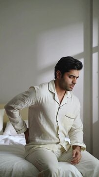 Young man experiencing lower back pain after waking up in bed in the morning