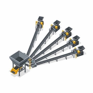 Industrial conveyor belt system with multiple chutes.