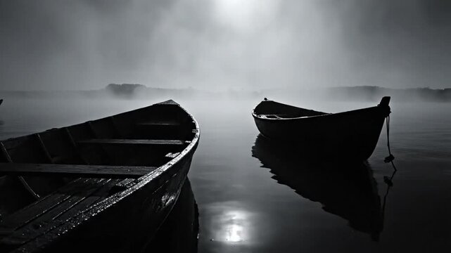Black and white shot of two empty boats floating on calm lake water with a foggy horizon and bright sun