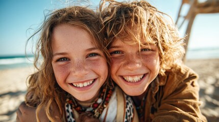 Fototapeta premium A joyful moment captured of two siblings smiling brightly at the beach, radiating happiness and carefree vibes, surrounded by summer sun and golden sand.