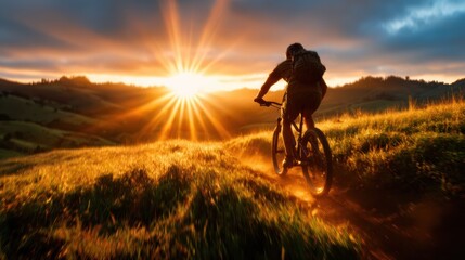 Fototapeta premium An exhilarating shot of a mountain biker navigating through lush terrain under a vibrant sunset, capturing both the thrill of adventure and the beauty of nature.