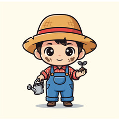 Obraz premium A cute cartoon young farmer boy happily holding a watering can and a fresh green plant sprout, embodying the joy of gardening and agriculture for children