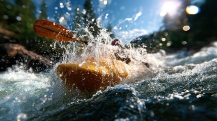 Fototapeta premium A thrilling moment captured as a kayaker navigates through wild rapids, showcasing the excitement and beauty of outdoor adventure sports in nature's stunning landscape.