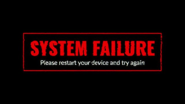 Digital system failure warning message with glitch effect on black background 4k motion graphic
