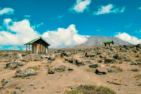 High Altitude Public Toilets in Mount Kilimanjaro National Park with Kibo Peak View, Tanzania