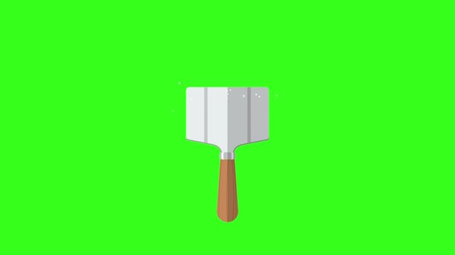 Isolated 4K animation of a putty knife tool scraping with flying debris on a green screen loop