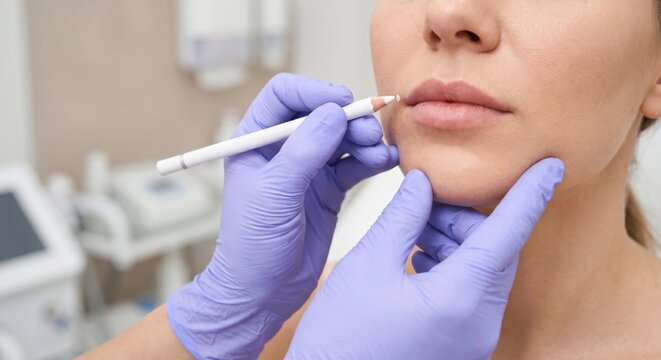 Professional marking patient's mouth for lip filler treatment