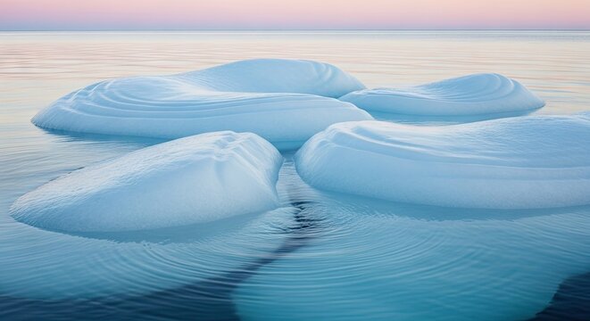Floating icebergs on calm water under soft light and blue sky