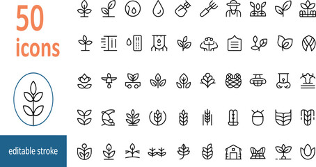 Agriculture and farming line icons set, plant growth, seeds, water droplets, farmer tools, barns, editable stroke vector illustration © DolanAktar