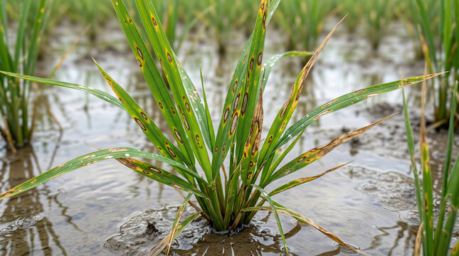 Rice blast disease lesions on leaves in flooded paddy field