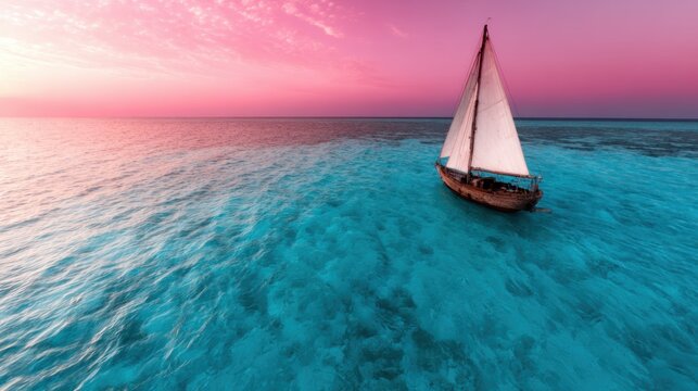 A serene view of a sailing ship gliding across calm waters during a breathtaking sunset, capturing the beauty of nature and exploration, perfect for travel enthusiasts.