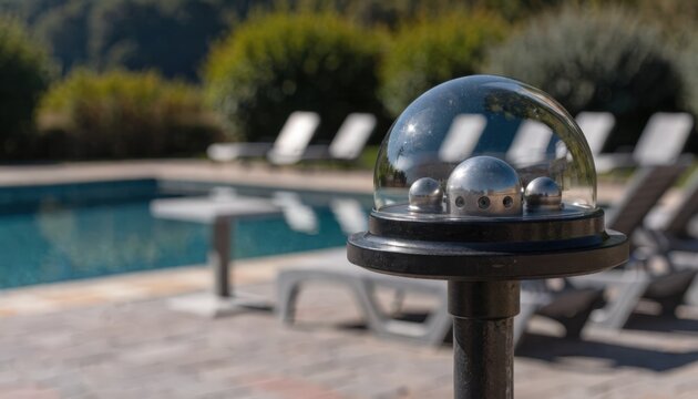 Closeup of a safety monitor examining pool area for hazards during an offseason quiet moment with outoffocus empty seating and greenery behind.