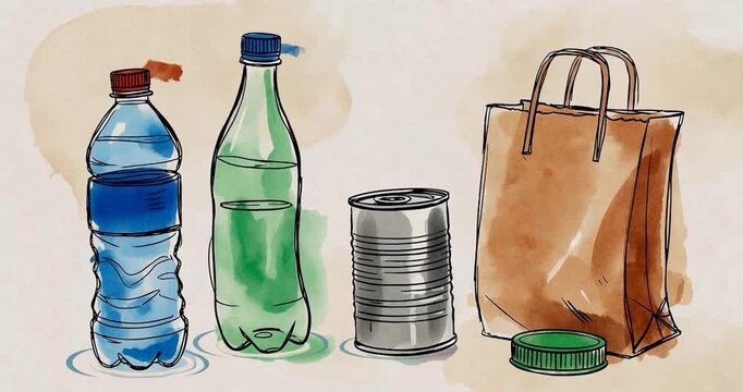 Recyclable materials and reusable bag : A collection of recyclable bottles, a tin can, and a reusable bag are arranged together, emphasizing environmental protection.