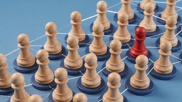 Business chess strategy concept wooden game pieces connected by dotted lines representing digital network and communication system