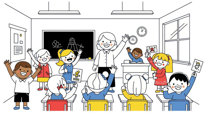 Happy students raising hands in classroom with teacher