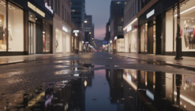 Wet street at dusk captures sharp retail window displays and commercial office entryways with outoffocus reflections and raindrops enhancing urban ambiance.