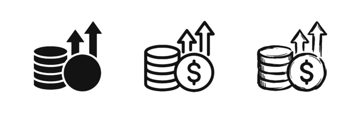 Financial growth and coin stack icons with upward arrows in three design styles