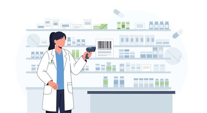 Pharmacist Scanning Barcode on Medicine Shelf with Scanner in Modern Pharmacy