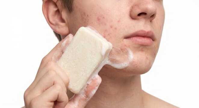 Teenage boy using dermatological soap on acne-prone skin