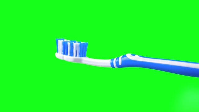 A professional 3D animated blue toothbrush on a chroma key background. Designed for easy compositing into medical explainers, toothpaste advertisements, and hygiene tutorials.