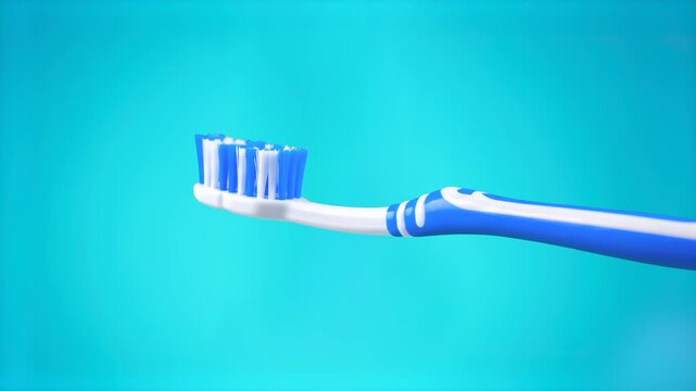 A realistic 3D model of a blue manual toothbrush with white bristles, shown against a light blue backdrop. Perfect for dental hygiene tutorials and morning routine visual content.