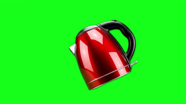 A modern, glossy red electric kettle shown in a tilted perspective. The backdrop is a uniform chroma key green, specifically lit to avoid reflections on the kettle's shiny surface, making it ideal for