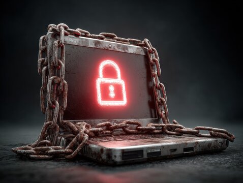 Cybersecurity threat and data breach A laptop computer is wrapped in rusty chains with a red padlock symbol displayed on the screen representing ransomware attack and digital security risk.
