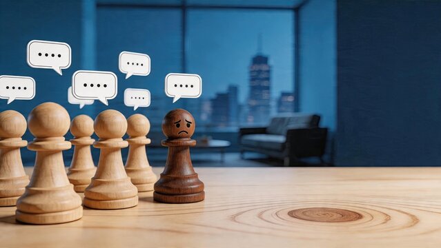 Business chess strategy isolated pawn with sad face surrounded by empty speech bubbles office background with city skyline view through window management concept for isolation and