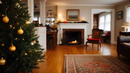 Naklejka premium A festive and cozy view of a decorated living room featuring a Christmas tree warm fireplace and patterned rug