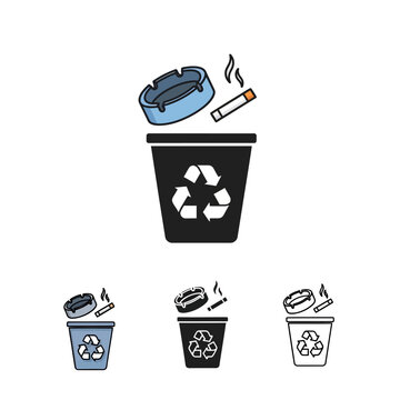 Recycling bins with cigarette butts and ashtrays on top  various colors and styles  waste management icons
