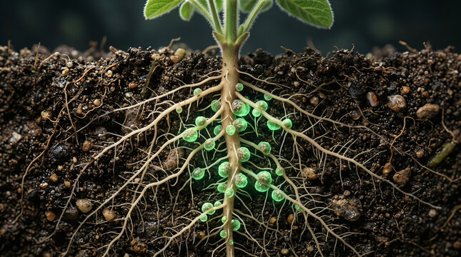 Nitrogen fixing root nodules on soybean plant in soil cross section