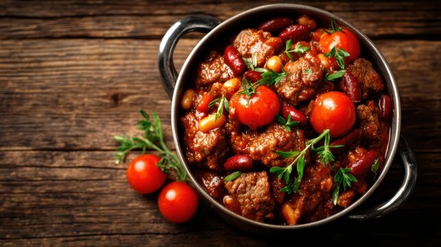 A vibrant bowl of hearty beef chili, featuring tender pieces of beef with red kidney beans, fresh tomatoes, and garnished with aromatic herbs for a comforting dish.