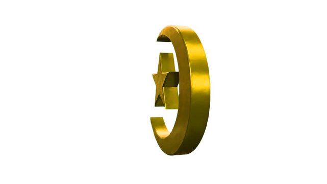 A clean and bright 3D rendering of a golden metallic Star and Crescent emblem spinning seamlessly against an isolated white background. Tailored for minimalist website graphics, modern theological edu