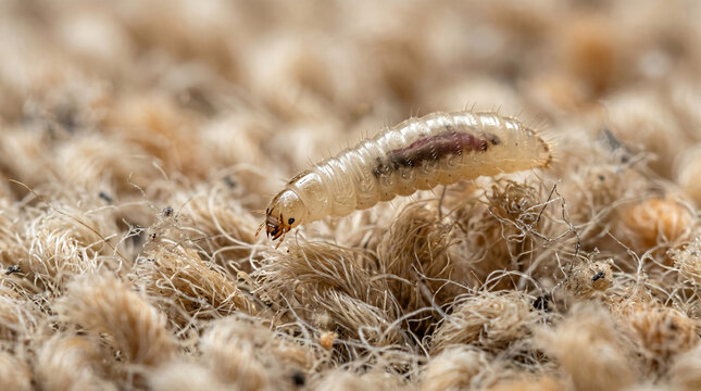 Flea larva crawling in carpet fibers macro close up at home