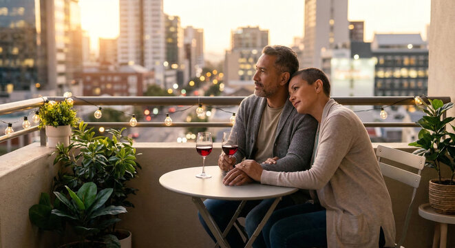 Mature couple relaxing on urban terrace with glasses of red wine during golden hour.
