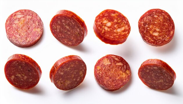 eight chorizo slices rotating and falling on a white background