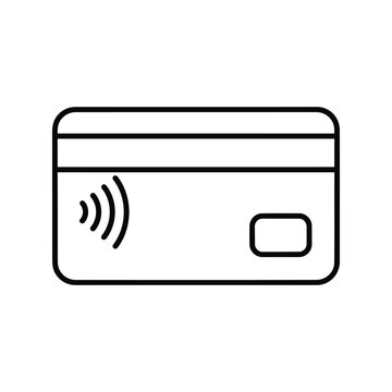 Simple black outline icon of a contactless credit card for mobile payment and banking services isolated on white background, Vector