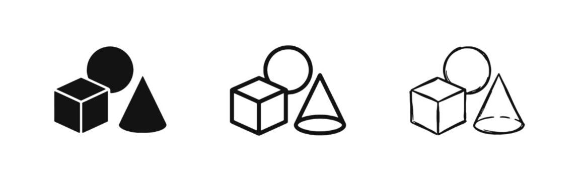 Basic 3D Geometric Shapes Icon Set with Cube Sphere and Cone